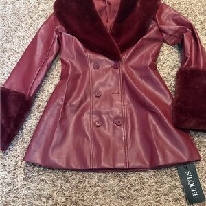 Burgundy Leather Jacket with Faux Fur Trim
